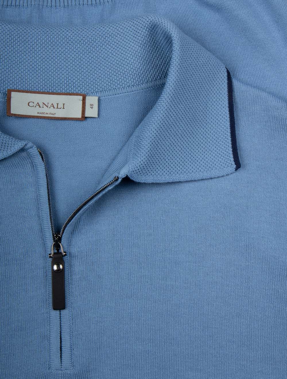 Cotton Zip-up Polo Shirt Muted Blue - Image 4