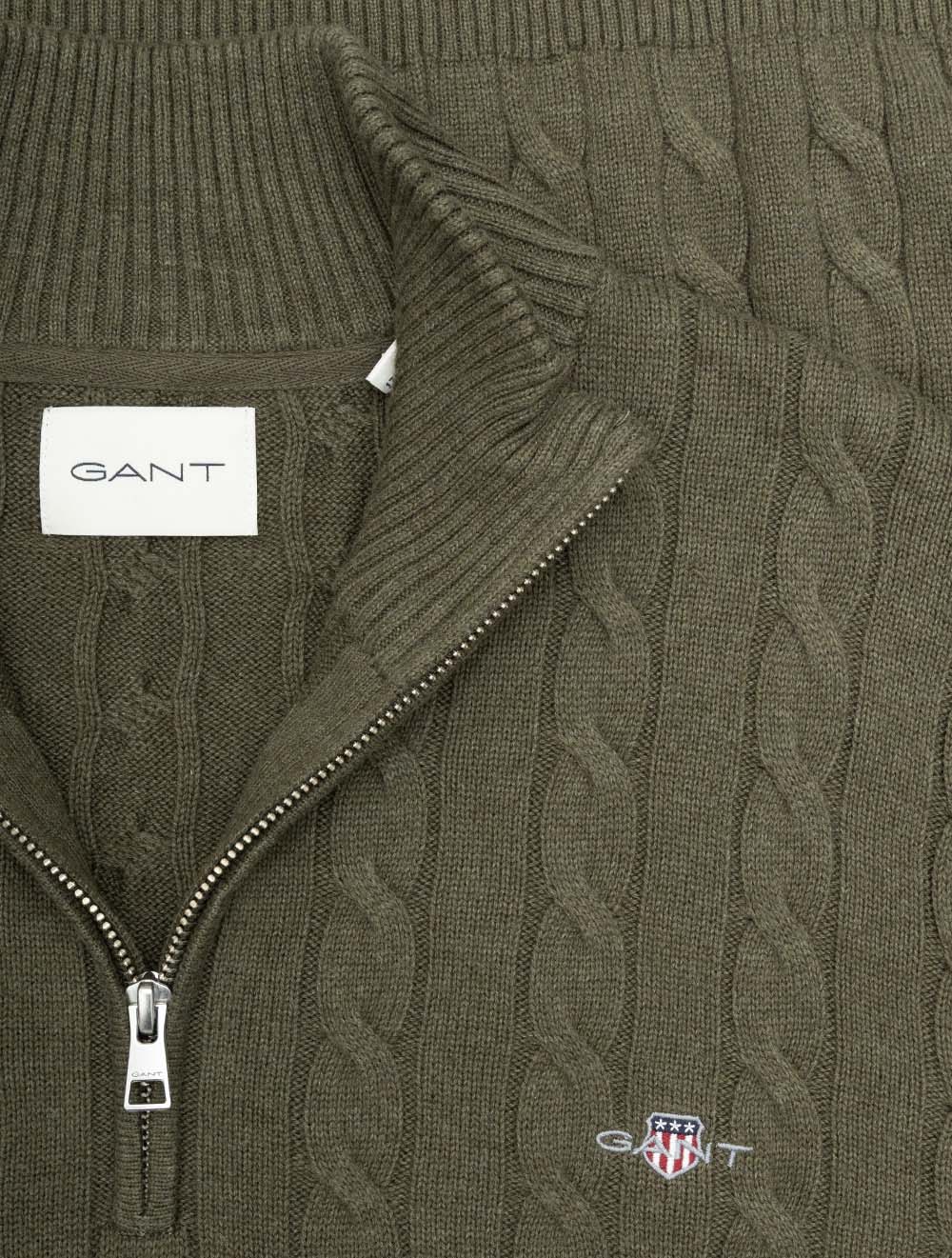 Cotton Cable Half Zip Khaki Green Melange - Image 4