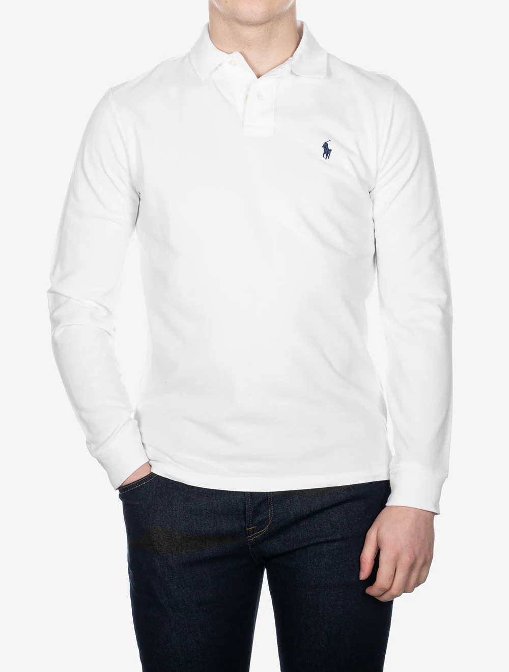 Basic Long Sleeve Mesh Polo Shirt Pure White - Image 2