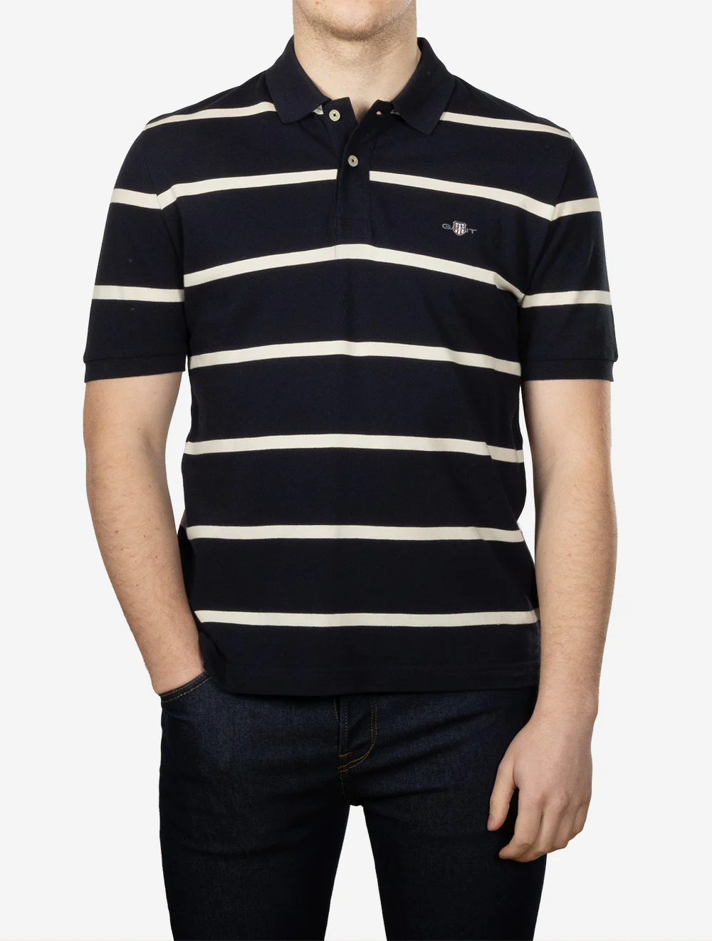 Striped Short Sleeve Polo Shirt Evening Blue - Image 2