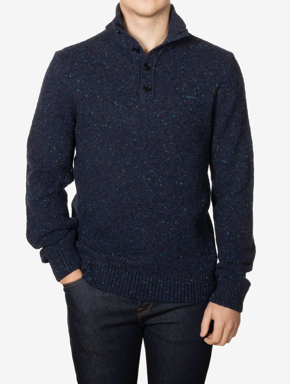 Wool Blend Neps Half Buttoned Sweater Evening Blue - Image 2